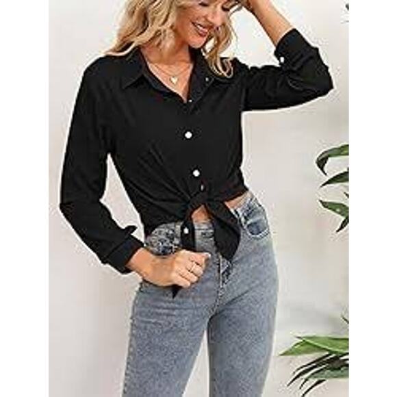 NWT OMSJ WOMEN'S BLACK LONG SLEEVE VERSATILE BUTTON FRONT BLOUSE SIZE 2XL - Picture 2 of 12